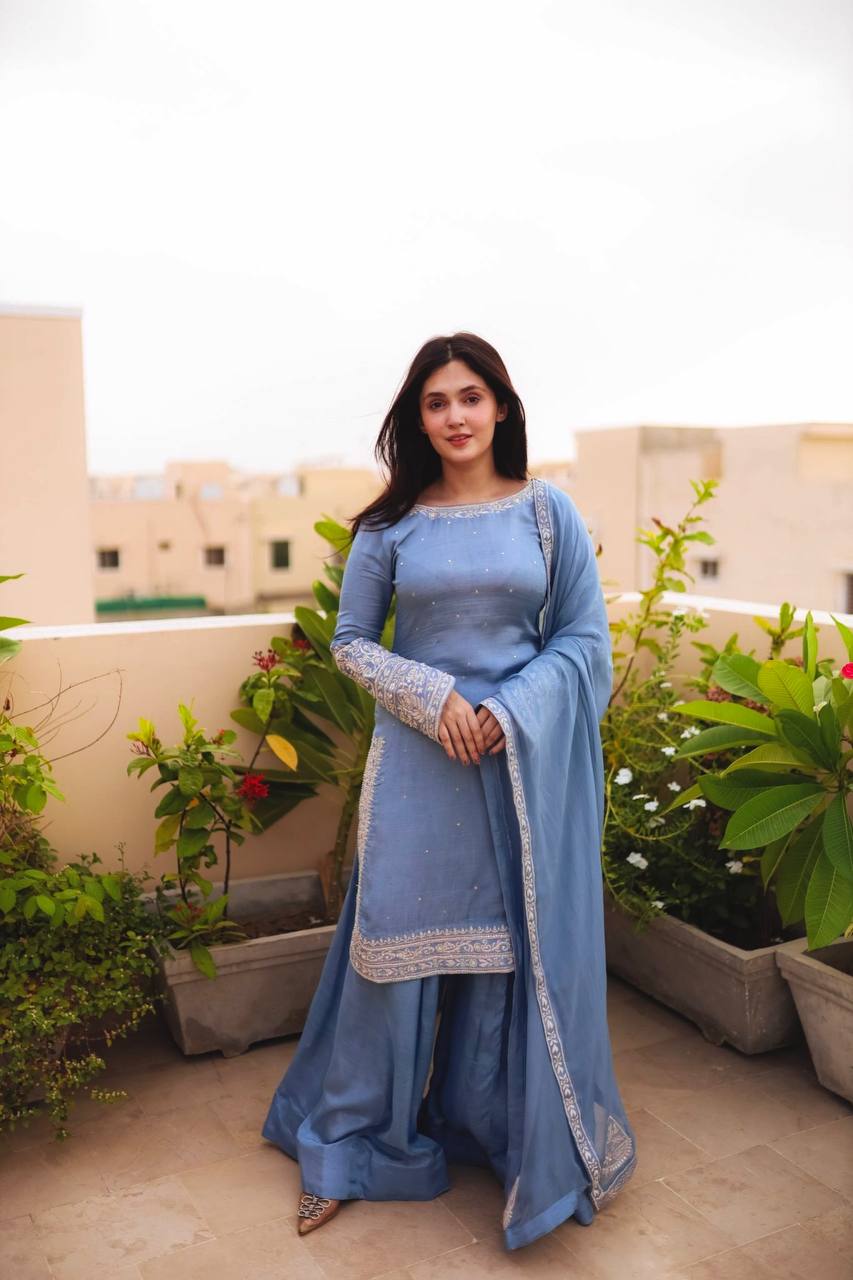 Punjabi Style Sequence Work Sky Blue Color Sharara Suit
