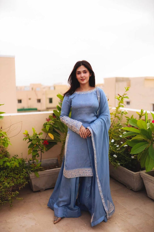 Punjabi Style Sequence Work Sky Blue Color Sharara Suit