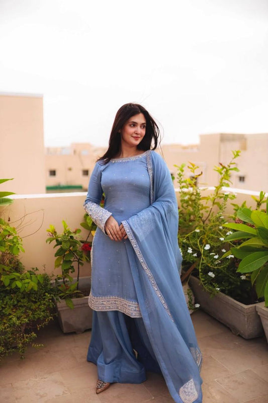 Punjabi Style Sequence Work Sky Blue Color Sharara Suit