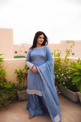 Punjabi Style Sequence Work Sky Blue Color Sharara Suit Punjabi Style Sequence Work Sky Blue Color Sharara Suit