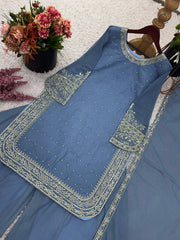Punjabi Style Sequence Work Sky Blue Color Sharara Suit Punjabi Style Sequence Work Sky Blue Color Sharara Suit