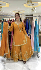 Outstanding Embroidery Work Mustard Color Sharara Suit Outstanding Embroidery Work Mustard Color Sharara Suit