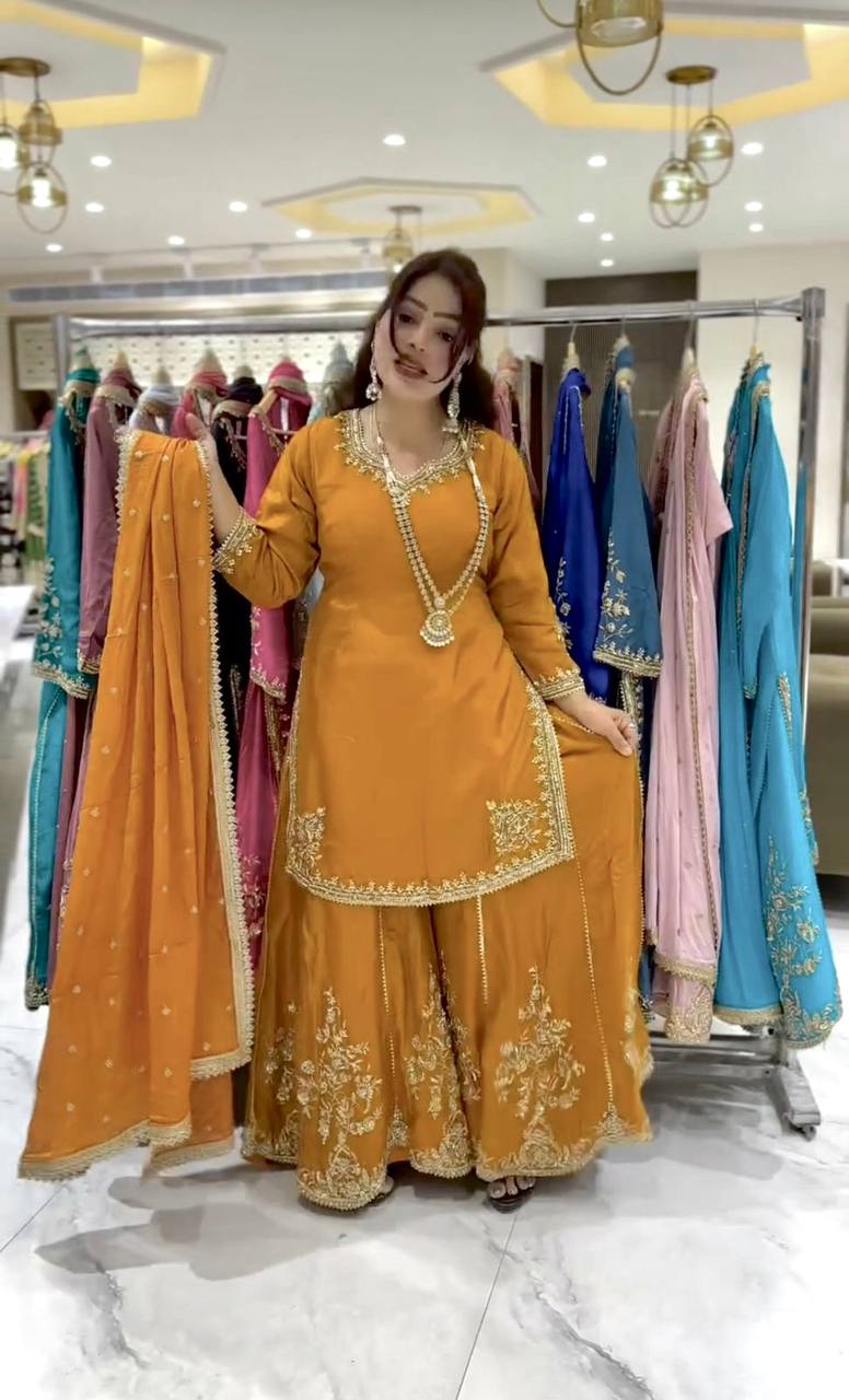 Outstanding Embroidery Work Mustard Color Sharara Suit