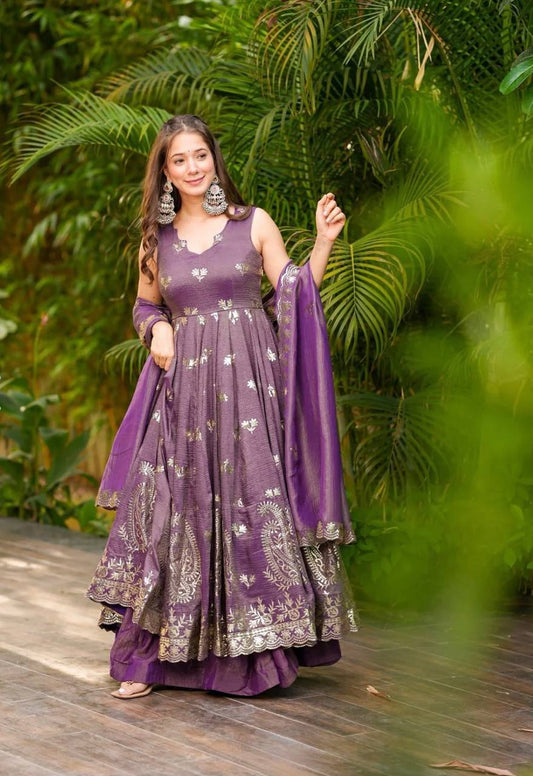 Delightful Purple Color Anarkali Gown With Dupatta