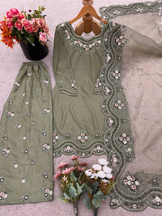 Delightful Mehndi Color Embroidery Work Sharara Suit Delightful Mehndi Color Embroidery Work Sharara Suit