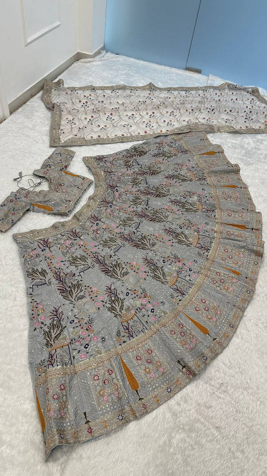 Wedding Wear Grey Color Kasturi Silk Lehenga Choli
