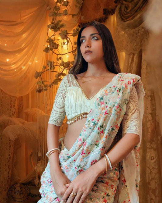 Outstanding Multicolor Embroidery Work Saree