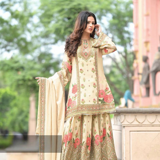 Digital Print Cream Color Stylish Sharara Suit