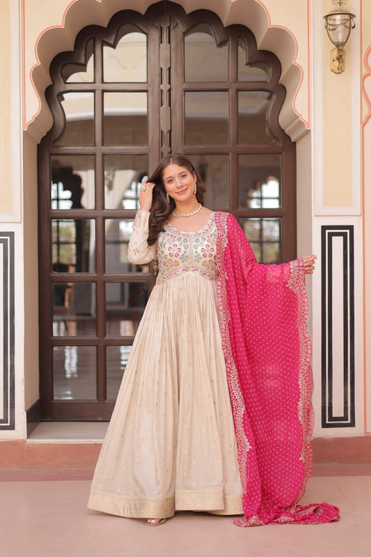 Beautiful Embroidered Work Cream Color Gown With Pink Dupatta