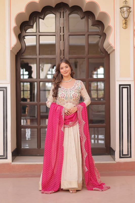 Beautiful Embroidered Work Cream Color Gown With Pink Dupatta