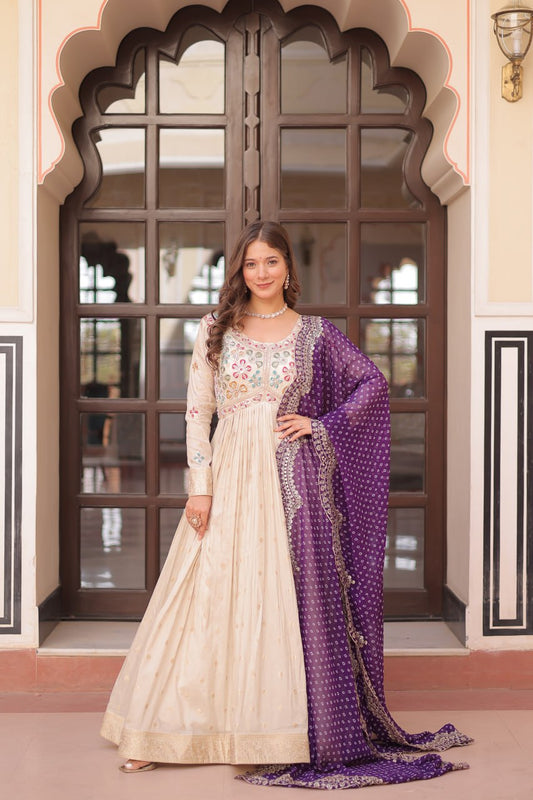 Beautiful Embroidered Work Cream Color Gown With Purple Dupatta