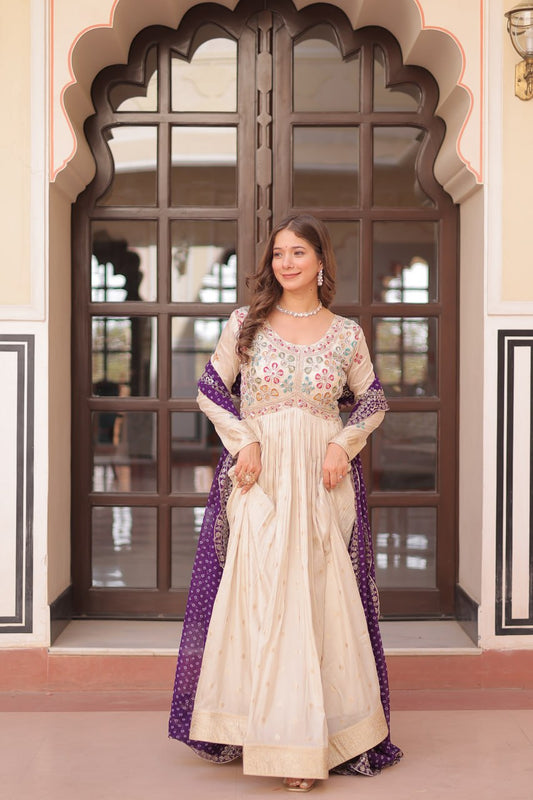 Beautiful Embroidered Work Cream Color Gown With Purple Dupatta