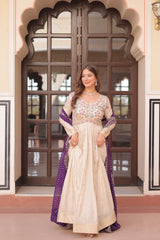 Beautiful Embroidered Work Cream Color Gown With Purple Dupatta Beautiful Embroidered Work Cream Color Gown With Purple Dupatta