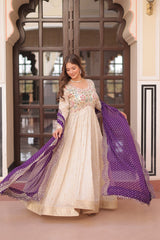 Beautiful Embroidered Work Cream Color Gown With Purple Dupatta Beautiful Embroidered Work Cream Color Gown With Purple Dupatta