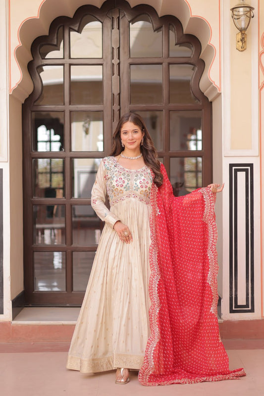 Beautiful Embroidered Work Cream Color Gown With Red Dupatta