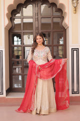 Beautiful Embroidered Work Cream Color Gown With Red Dupatta Beautiful Embroidered Work Cream Color Gown With Red Dupatta