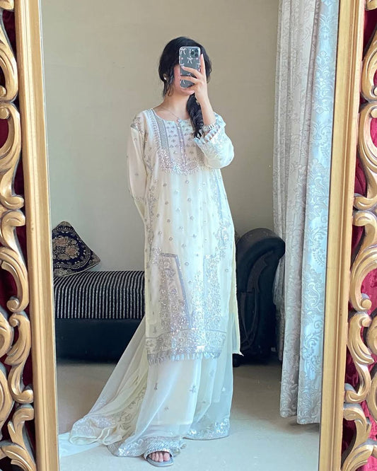 Elegant White Color Embroidery Work Palazzo Suit