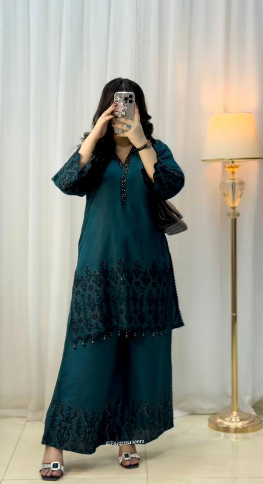 Sequence Work Teal Blue Vichitra Silk Palazzo Suit