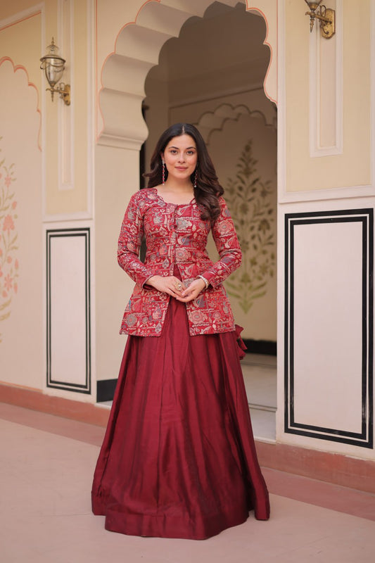 Vichitra Simmer Maroon Color Graceful Top With Lehenga