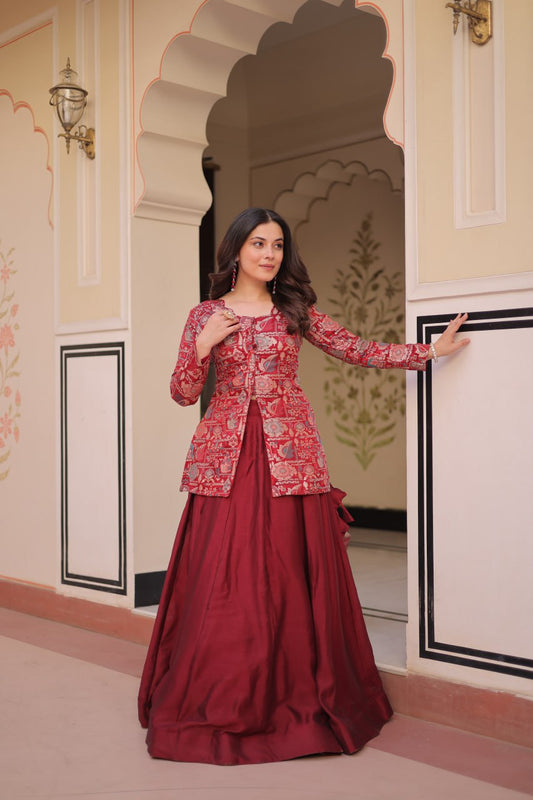 Vichitra Simmer Maroon Color Graceful Top With Lehenga