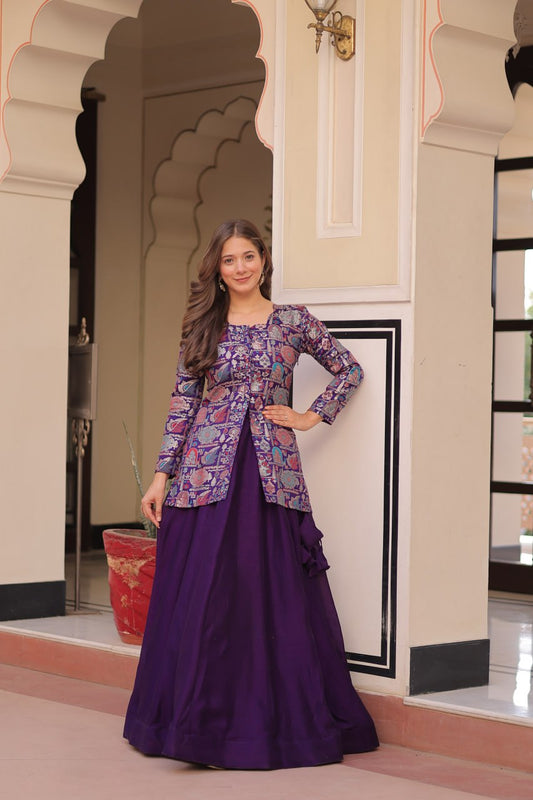 Vichitra Simmer Purple Color Graceful Top With Lehenga