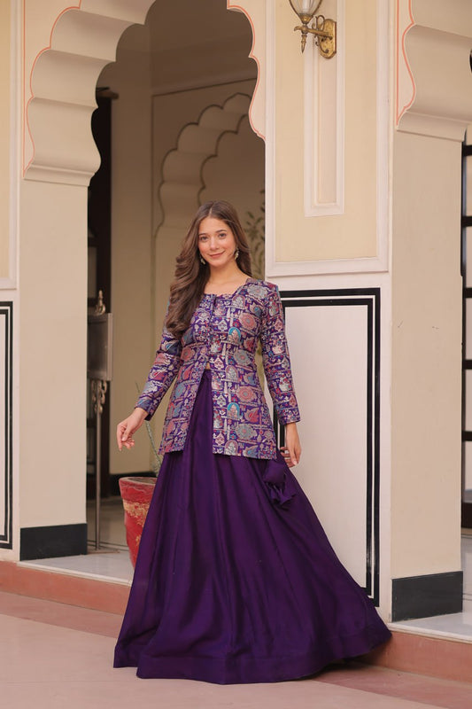 Vichitra Simmer Purple Color Graceful Top With Lehenga