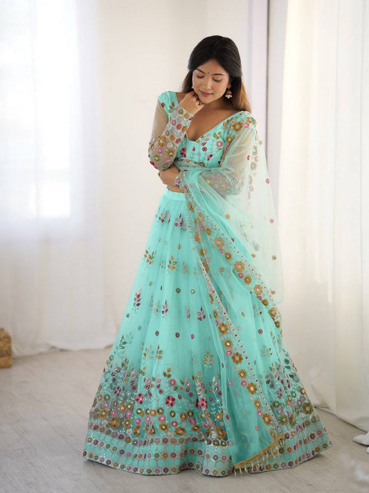 Soft Net Multi Thread Work Light Green Color Lehenga Choli