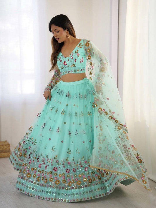 Soft Net Multi Thread Work Light Green Color Lehenga Choli