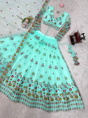 Soft Net Multi Thread Work Light Green Color Lehenga Choli Soft Net Multi Thread Work Light Green Color Lehenga Choli