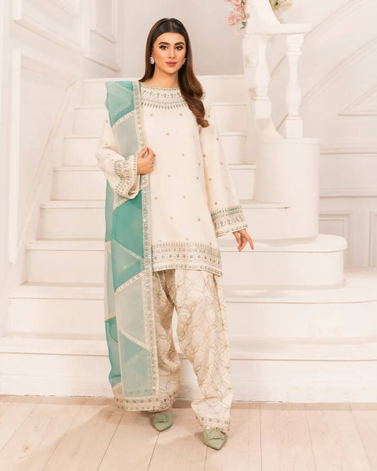 White Color Sequence Work Top With Farshi Palazzo Set