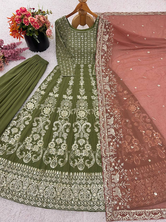 Georgette Heavy Work Mehndi Color Gown With Dupatta