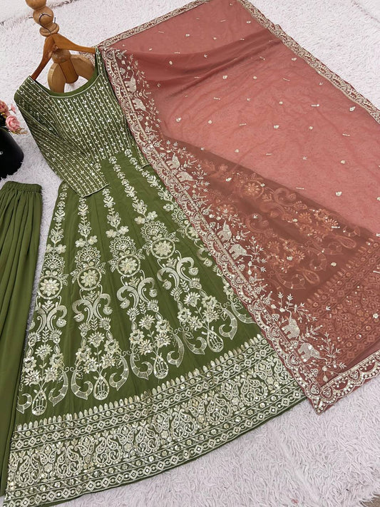 Georgette Heavy Work Mehndi Color Gown With Dupatta