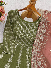 Georgette Heavy Work Mehndi Color Gown With Dupatta Georgette Heavy Work Mehndi Color Gown With Dupatta