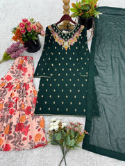 Embroidery Work Green Color Glorious Sharara Suit Embroidery Work Green Color Glorious Sharara Suit