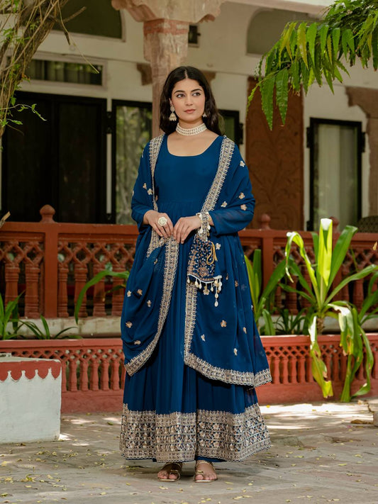 Georgette Blue Color Embroidery Work Designer Gown