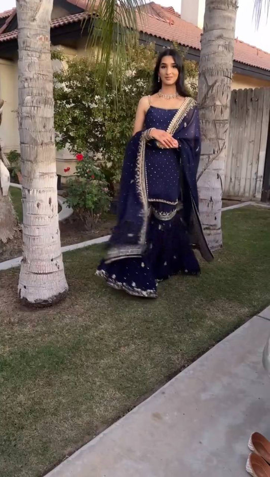 Fancy Blue Color With Work Sharara Suit