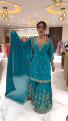 Crepe Silk Embroidered Sky Blue Color Sharara Suit Crepe Silk Embroidered Sky Blue Color Sharara Suit