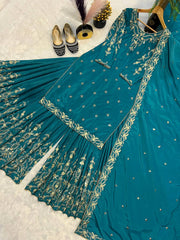 Crepe Silk Embroidered Sky Blue Color Sharara Suit Crepe Silk Embroidered Sky Blue Color Sharara Suit