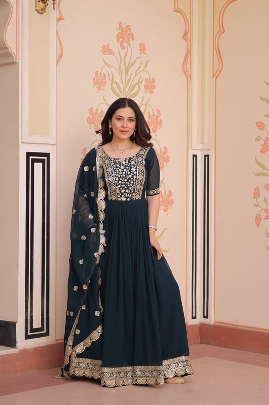 Embroidery Work Rama Color Designer Gown