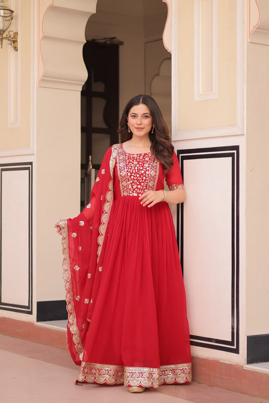 Embroidery Work Red Color Designer Gown