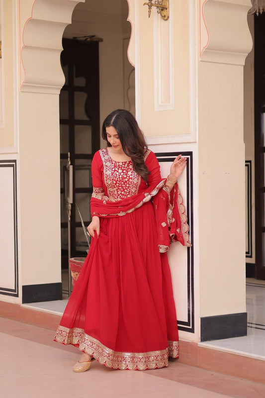 Embroidery Work Red Color Designer Gown