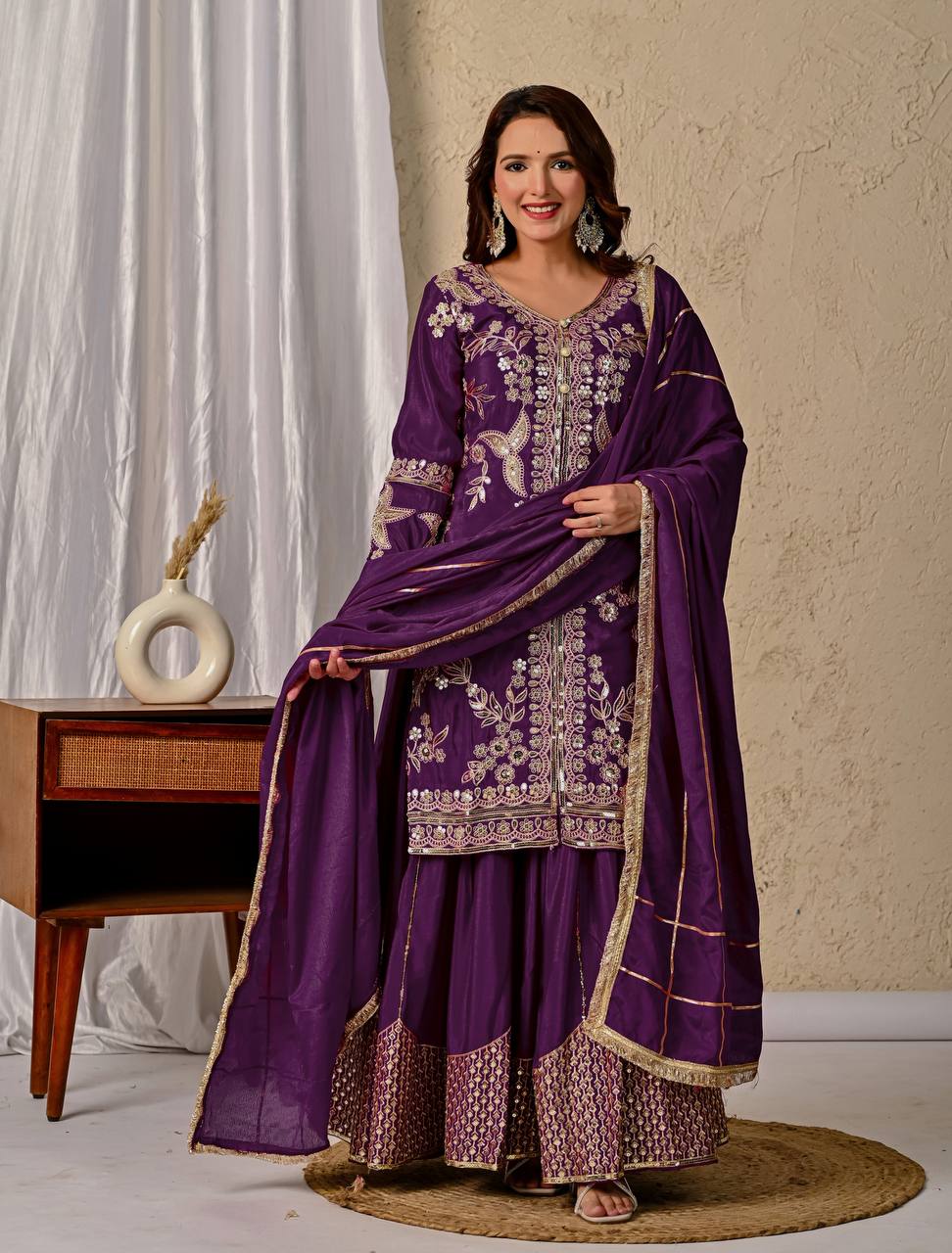 Sequence With Embroidery Work Wine Color Sharara Suit