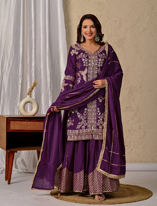 Sequence With Embroidery Work Wine Color Sharara Suit