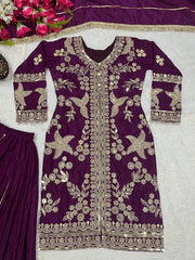 Sequence With Embroidery Work Wine Color Sharara Suit Sequence With Embroidery Work Wine Color Sharara Suit