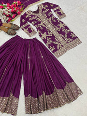 Sequence With Embroidery Work Wine Color Sharara Suit Sequence With Embroidery Work Wine Color Sharara Suit