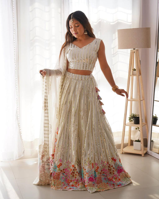 Thread With Sequence Work White Color Lehenga Choli