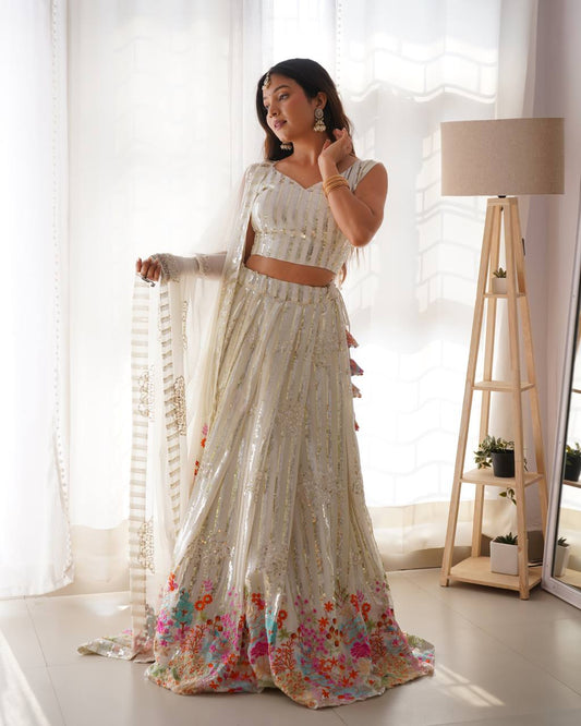 Thread With Sequence Work White Color Lehenga Choli