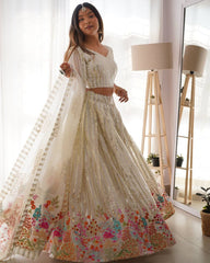 Thread With Sequence Work White Color Lehenga Choli Thread With Sequence Work White Color Lehenga Choli