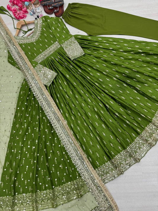 Flattering Sequence Work Navy Green Color Gown