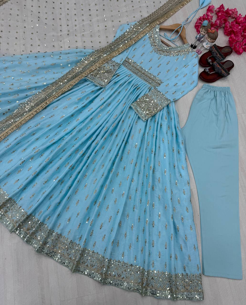 Flattering Sequence Work Sky Blue Color Gown